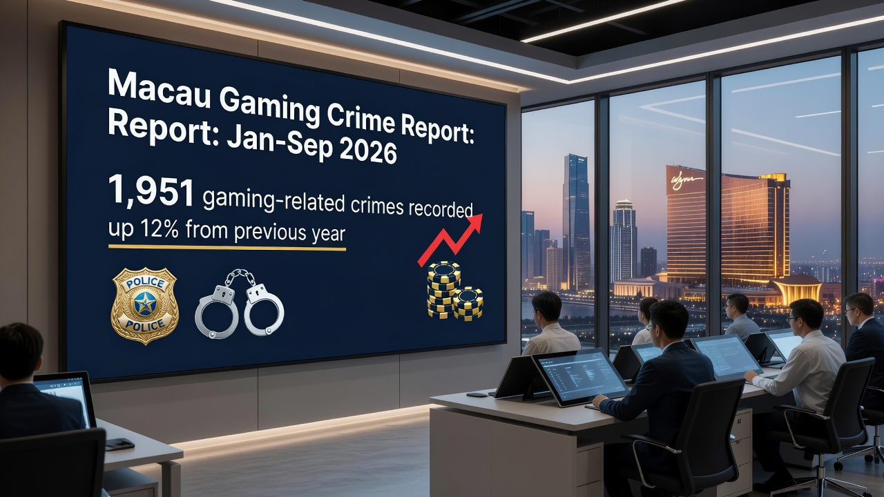 Macau law enforcement officers reviewing documents related to gaming regulation and site enforcement actions